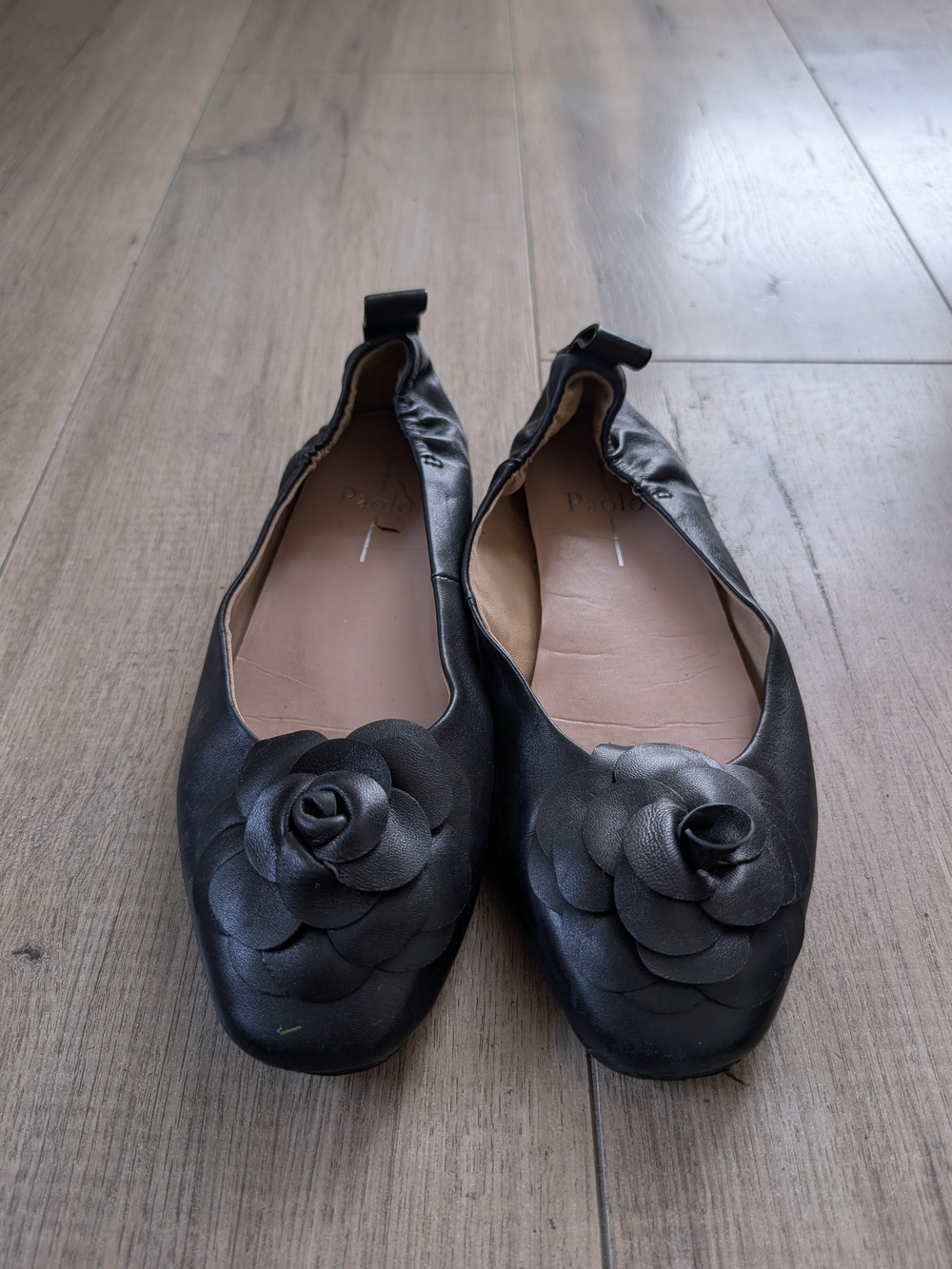 Paolo Black Leather Floral Rosette Ballet Flats